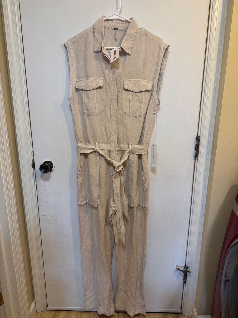 YFB linen blend Sleeveless Cream Utility Jumpsuit with Tie Waist